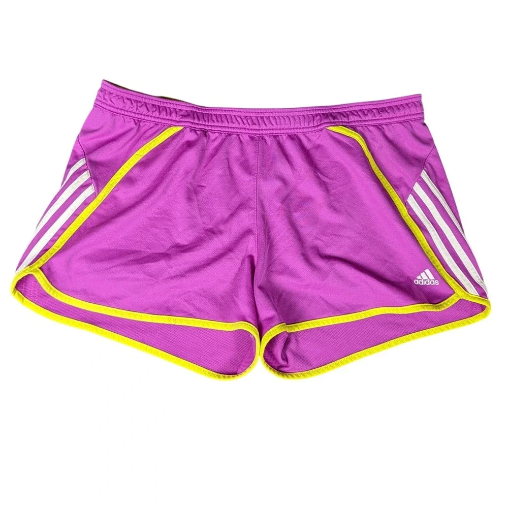 Adidas Womens Purple Neon Yellow Mesh Running Athletic Shorts 3 Stripe XL